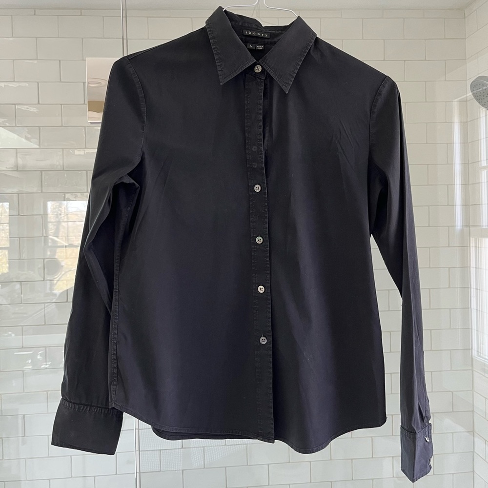 Theory Stretch Black Button Up Shirt Size Large